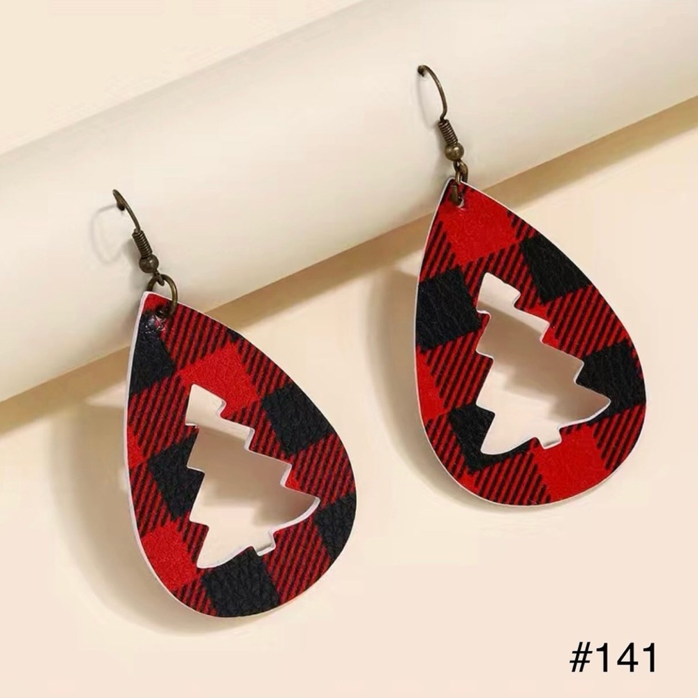 #141 | Trendy Vegan Buffalo Plaid Leather, Teardrop Shape with Tree Cut-Out